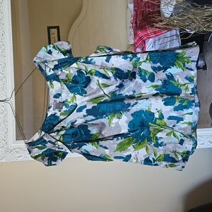 Ann Taylor Floral Cap-Sleeve Blouse in Teal, Blue, Green on White